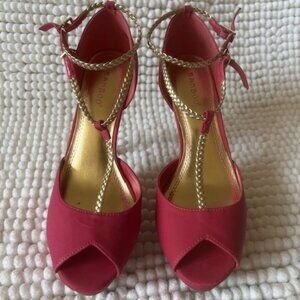 Bamboo Covina - Hot Pink & Gold Braided T-Strap, Peek Toe, Platform Heels